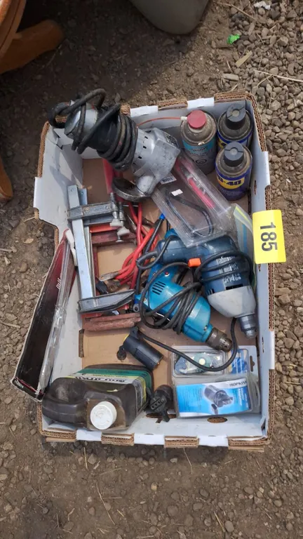 Box of miscellaneous drills, clamps and more