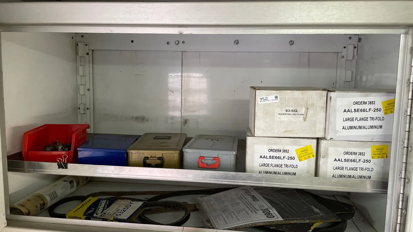 Cabinet Contents with Hardware, Drill Bit Index Cases, Rivets, Automotive Belts, and Gasket Material