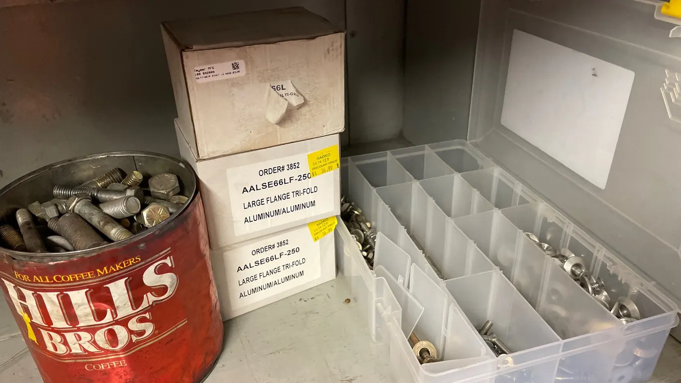 (3) Boxes of Blind Rivets, Metal Can of Bolts, Hardware Organizer, and More