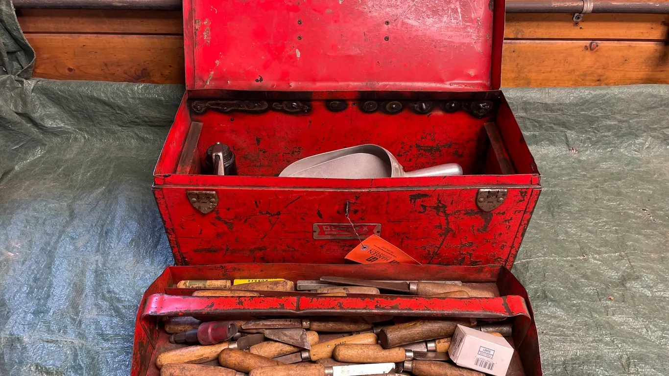 Metal Toolbox with Hand Tools, Pneumatic Sander, and More