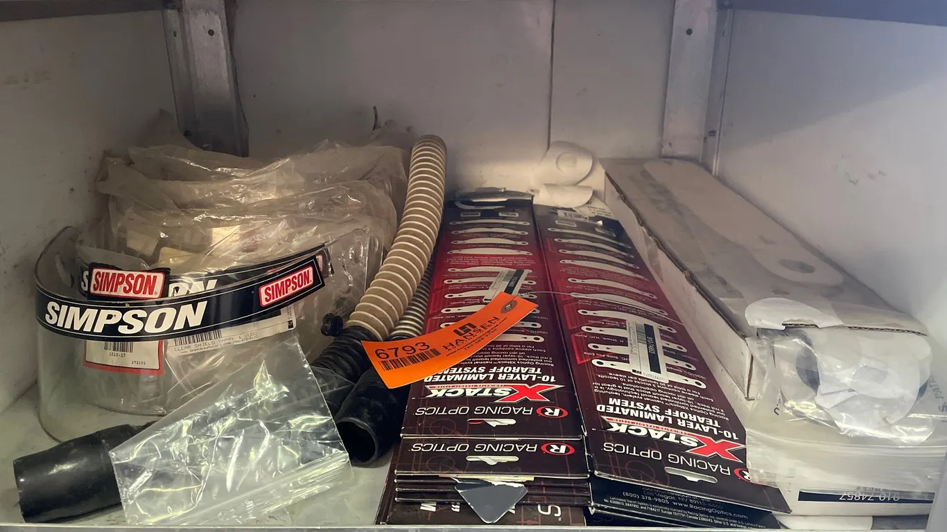 Racing Helmet Accessories with Simpson Shield, Racing Optics Tearoffs, and Air Hose
