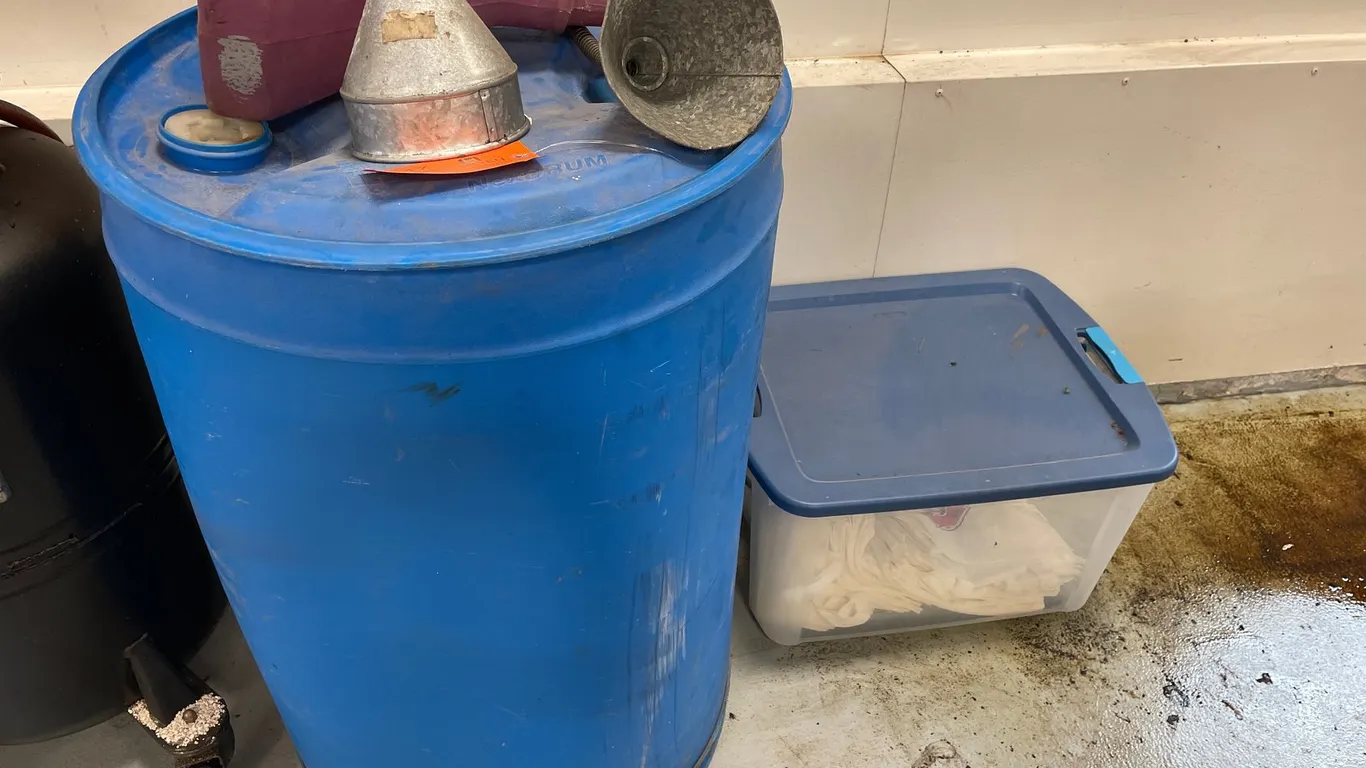 Blue Plastic Drum with (3) Funnels and Storage Bin with Bags