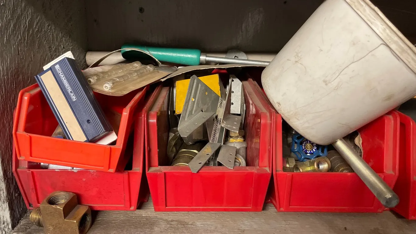 (9) Red Plastic Storage Bins with Hardware, Electrical Supplies, and More