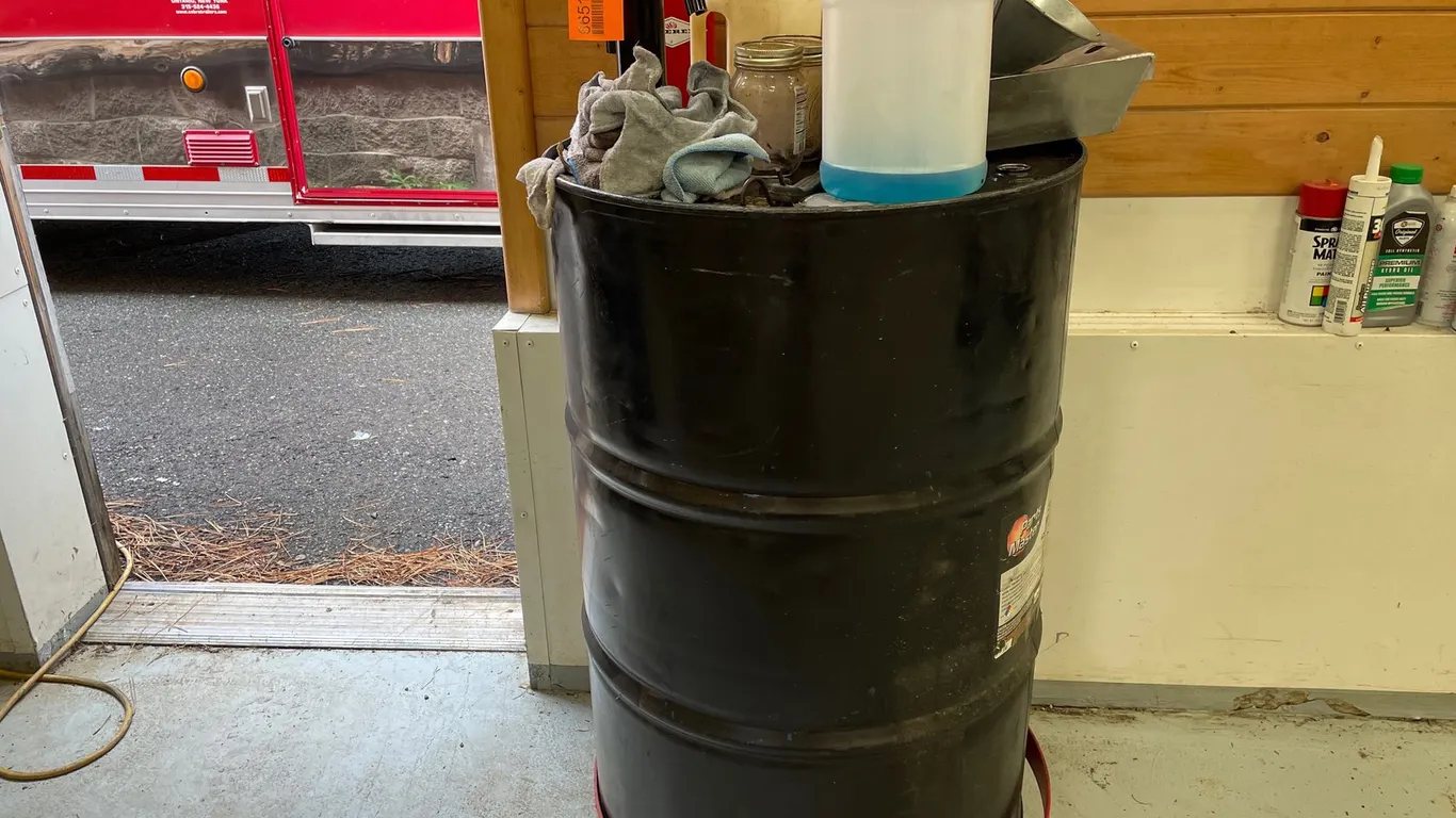 55 Gallon Drum On Dolly with Drain Pan, Funnel, and More