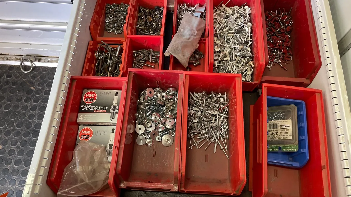 Hardware, Fasteners, Spark Plugs, Red Storage Bins, and More