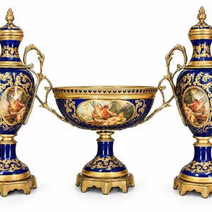 Spanish Sèvres Three Cobalt Blue and Gilt Porcelain Vases with Hand-Painted Classical Scenes