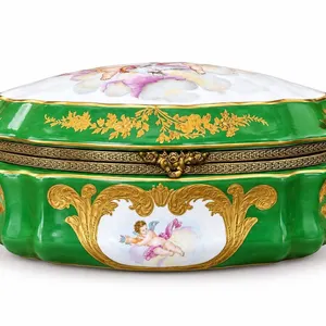 Sèvres Porcelain Jewelry Box with Hand-Painted Cherubs, Gilded Accents, Green and White Design