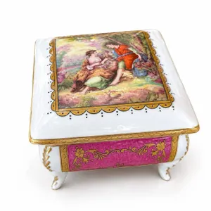 Limoges France Porcelain Footed Box With Hand-Painted Romantic Scenes and Gold Trim