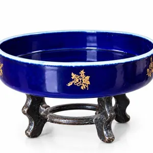 Limoges France Porcelain Bowl, Véritable Bleu de Four, With Metal Stand