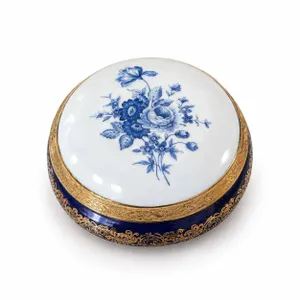 Limoges FN France Lidded Porcelain Box, Blue and White Floral with Gilt Accents