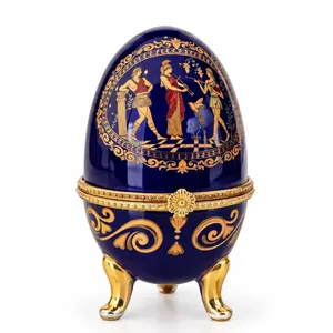 Limoges N Decorative Porcelain Egg Box, Blue and Gold, Greek Motifs, Hinged Lid