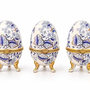 3 Limoges France Porcelain Egg Trinket Boxes with Blue Floral Design and Gilt Trim