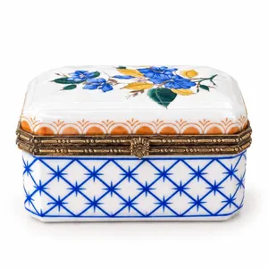 Versailles Limoges French Porcelain Box with Blue Floral Design and Brass Mounts