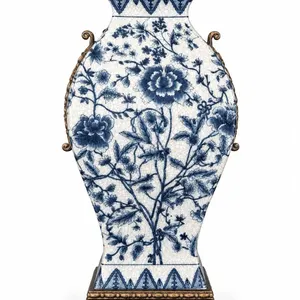 Limoge Blue and White Porcelain Vase with Bronze Mounts, 11 Inch, Floral Pattern