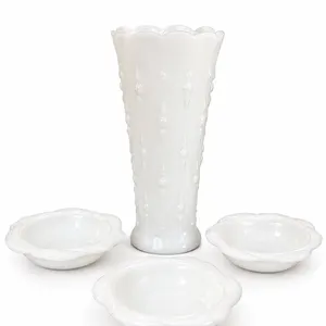 White Glass Hobnail Vase With Scalloped Edge And Three Matching Bowls