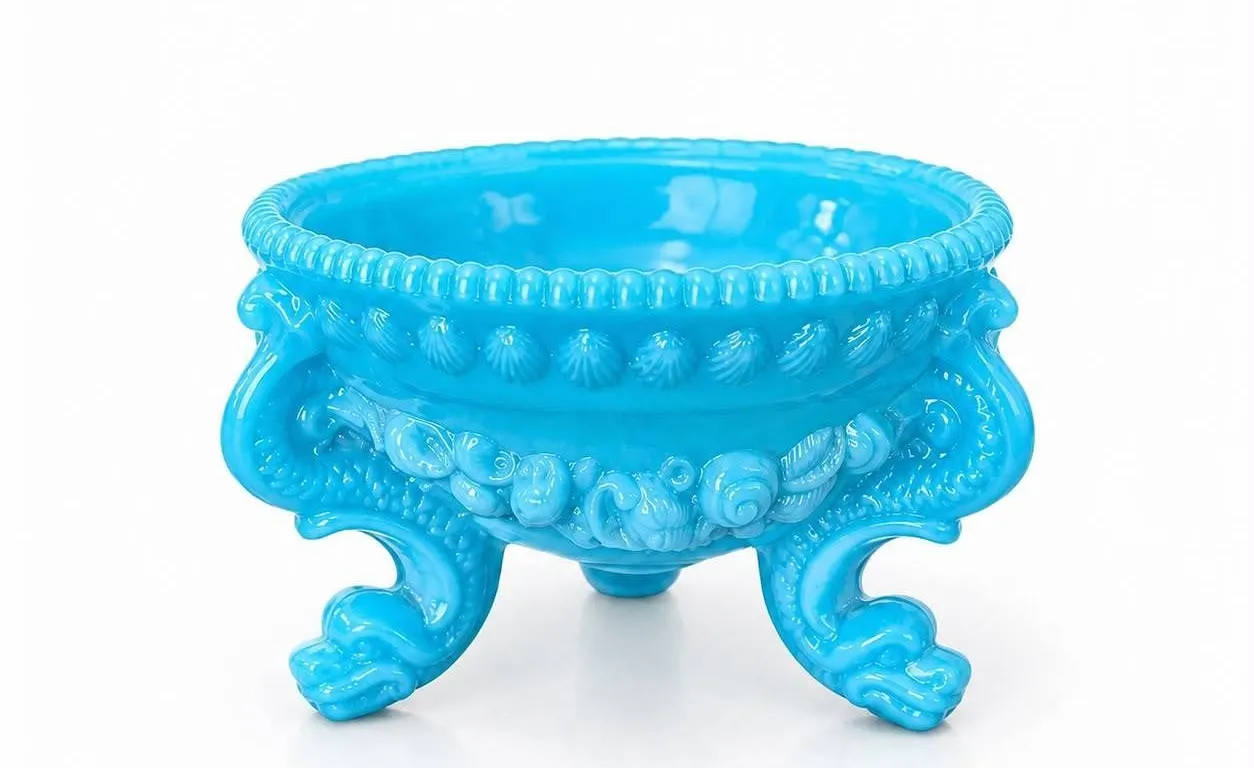 Blue Glazed Ceramic Three-Legged Bowl with Decorative Shell and Dolphin Motifs