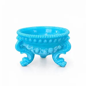 Blue Glazed Ceramic Three-Legged Bowl with Decorative Shell and Dolphin Motifs