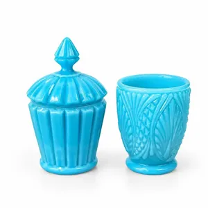 Blue Pressed Glass Vanity Jars With Lid and Leaf Pattern Accent Cup