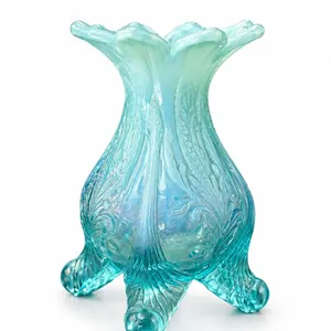 Blue Opalescent Tripod Art Glass Vase with Scrollwork Decoration