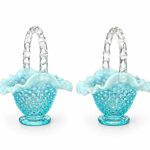 Blue Opalescent Hobnail Glass Baskets with Clear Twisted Handles