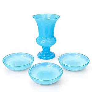 Blue Art Glass: One Urn-Shaped Vase and Three Round Shallow Bowls