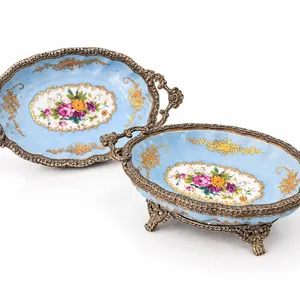 Sèvres Style Porcelain and Gilt Metal Footed Bowls, Blue Floral, Marked Sèvres Style