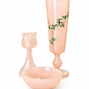 3 Pink Depression Glass Pieces With Floral Etching and Hand-Painted Details