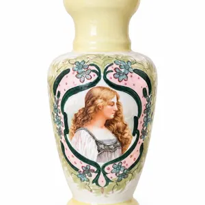 Hand-Painted Opaline Vase with Portrait of Woman and Floral Accents