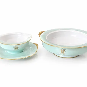 Limoges France La Genvillière Porcelain Bowl and Gravy Boat with Monogram and Gold Trim