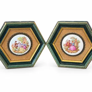 Framed Hexagonal Porcelain Plaques with Romantic Scenes