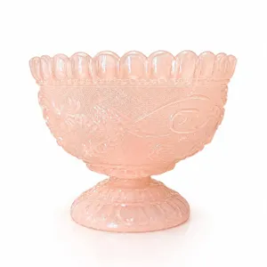 Pink Pressed Glass Pedestal Bowl with Scalloped Edge and Embossed Phoenix Design