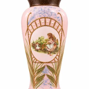 Decorative Pink opaline Vase with Painted Scene of Two Girls and Gold Detailing