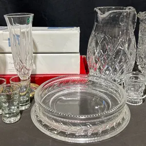 Crystal Tableware Lot: Nachtmann Platter, Mikasa Bowls, Crystal Jugs, Vases, Shot Glasses