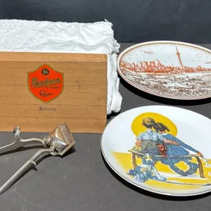 Decorative Collector Plates, Hand Shears, Pandora Cigar Box, Wood Face Art, Linens