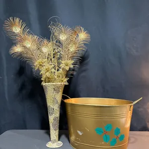 Tall Mosaic Vase with Faux Gold Floral Peacock Arrangement and Decorative Holiday Metal Bin