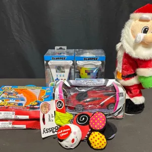 Toys Bundle: Slurpee Tetris, Plush Santa, Train Sets, Car, Sassy Jitter Toy