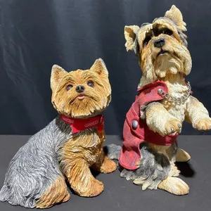 Yorkshire Terrier Dog Figurines Resin, One with Red Jacket, One with Red Collar