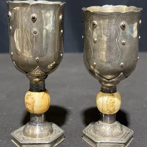 Victorian Edward Period His and Her Silver Wedding Chalices With Ivory Spheres, 203.2g Total