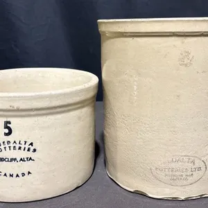 2 Medalta Potteries Crocks Redcliff Alta. 5 Quart Marked Canada
