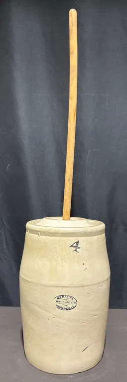 Ceramic Butter Churn with Wooden Dasher and Medalta Medicine Hat Mark,