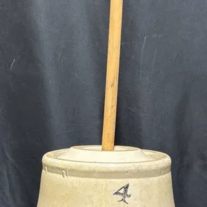 Ceramic Butter Churn with Wooden Dasher and Medalta Medicine Hat Mark, 16" High, 9.5" Diameter