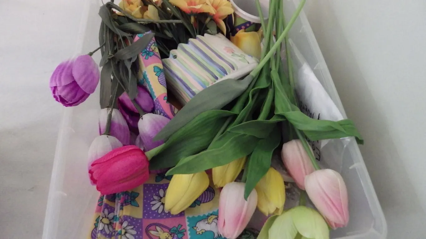 plastic container of Easter style decorations
