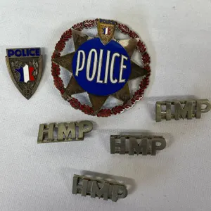 Obsolete French Police Cap Badge + National Police Pin + 2 Her Majesty HMP Shoulder Titles