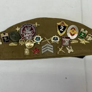 Vintage Russian USSR Military Hat With Pins Badges Pilotka Soviet Cap