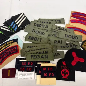 Military Cloth Shoulder Titles, US Navy Seaman Chevrons & Name Tags Lot