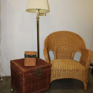 Wicker Chair, Lamp & Trunk