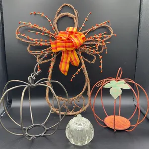 2 Metal Decorative Pumpkins, Grapevine Fall Angel, Small Glass Avon Pumpkin Votive Holder