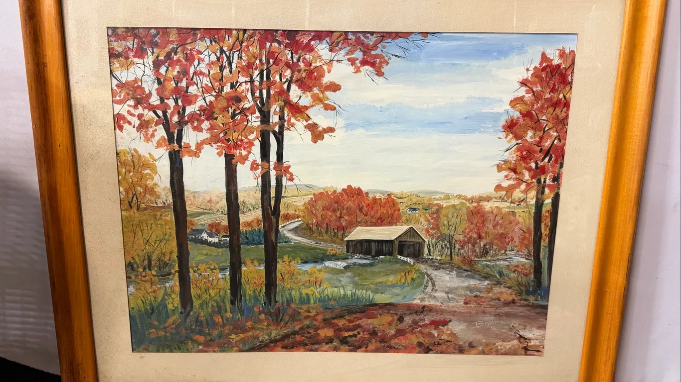 Print of Fall Scene Featuring Covered Bridge