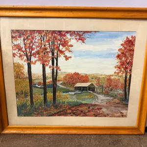 Print of Fall Scene Featuring Covered Bridge