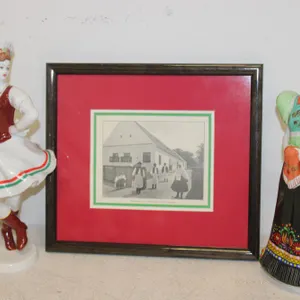 Hungarian Hollohaza Porcelain Figurines & Hungarian Farmhouse Print